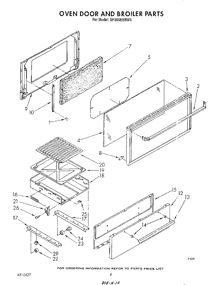 OVEN DOOR AND BROILER Diagram and Parts List for SF305EERW5  Whirlpool Range