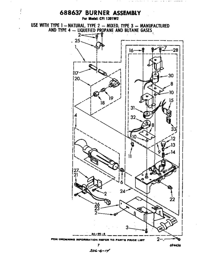 Burner Diagram and Parts List for CFI1301W2  Whirlpool Dryer