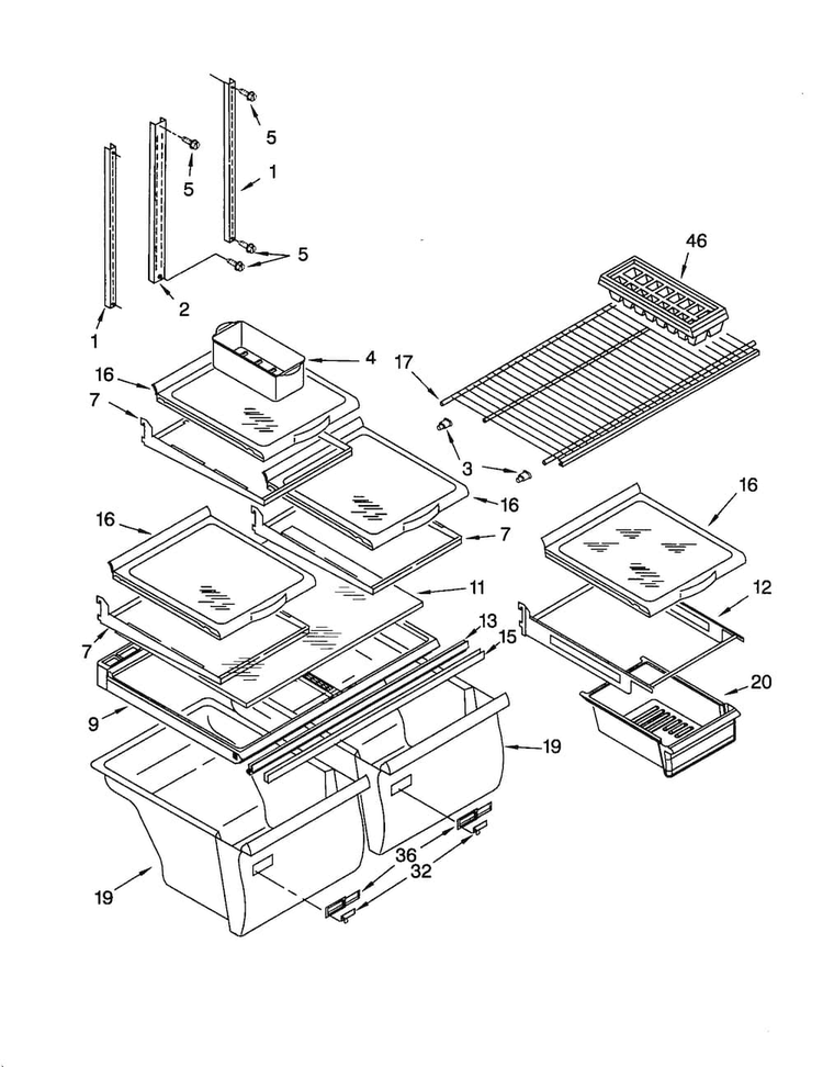 Shelf Diagram and Parts List for ET22RKXGW02  Whirlpool Refrigerator