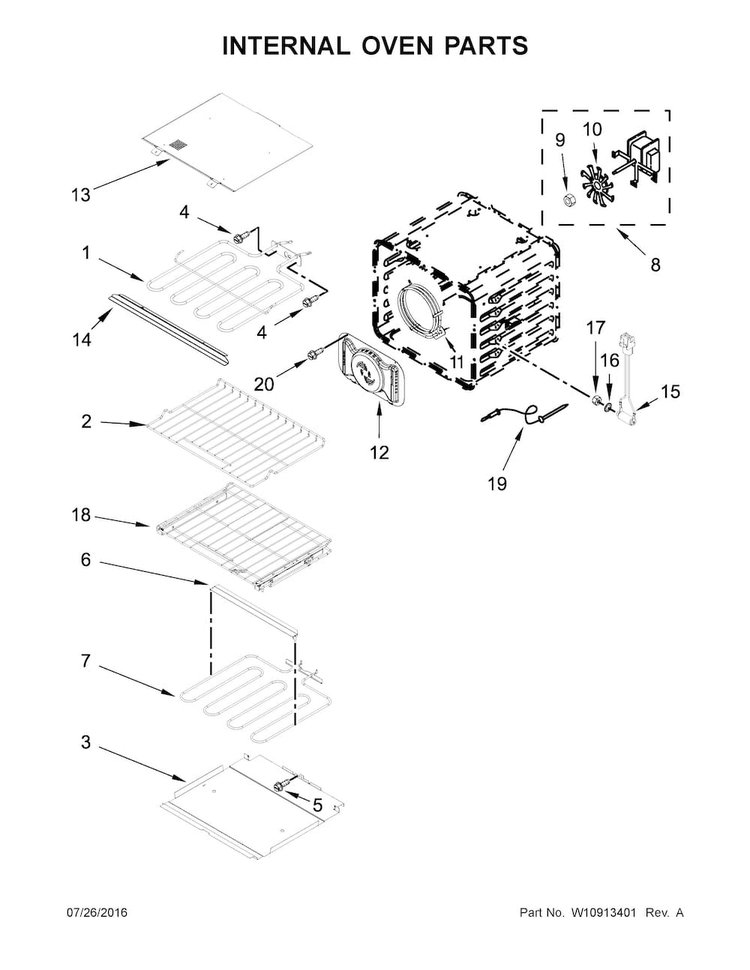 Internal Oven Parts Diagram and Parts List for KODE507EWH02  KitchenAid Wall Oven