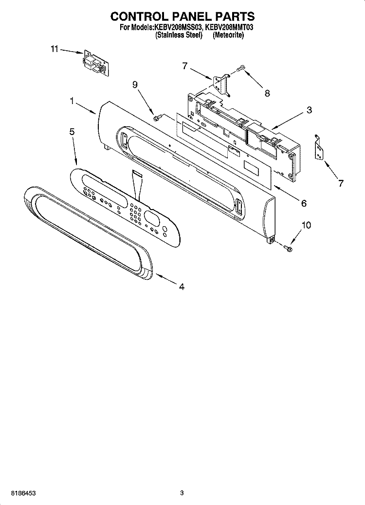 CONTROL PANEL PARTS Diagram and Parts List for KEBV208MSS03  KitchenAid Wall Oven