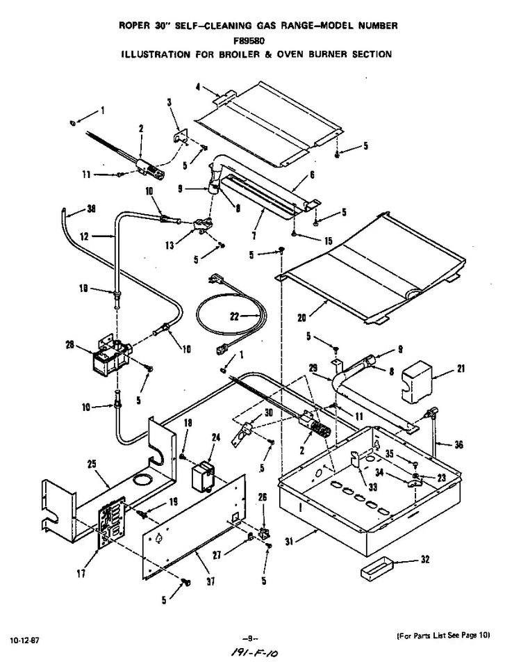 Broiler And Oven Burner Diagram and Parts List for F8958*0  Roper Range