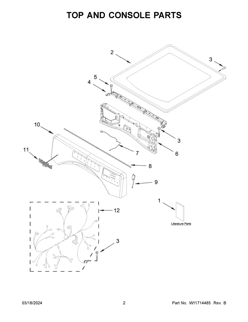 Top And Console Parts Diagram and Parts List for WGD560LHW4  Whirlpool Dryer