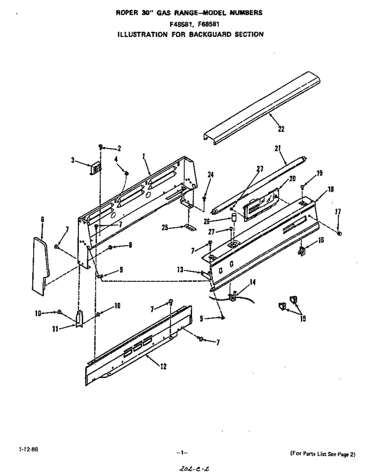 Backguard Diagram and Parts List for F6858*1  Roper Range