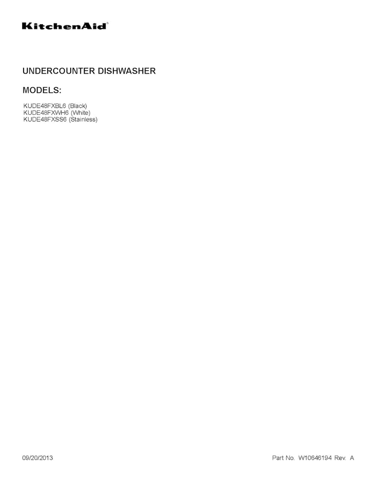 Cover Sheet Diagram and Parts List for KUDE48FXSS6  KitchenAid Dishwasher