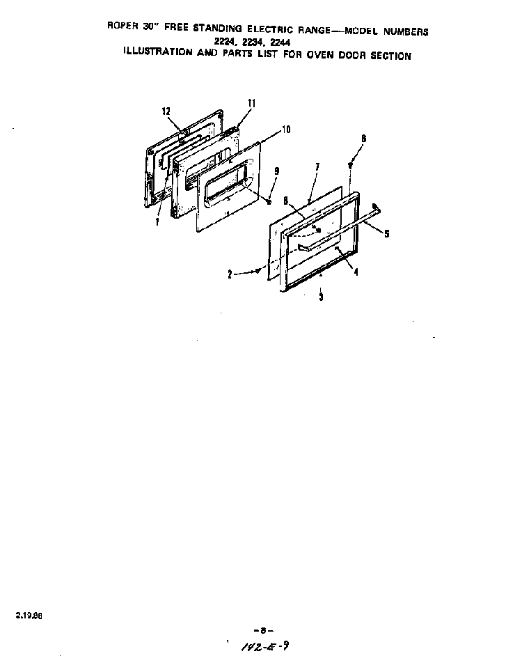 Door For 2224, 2234, 2244 Diagram and Parts List for 2234*2A  Roper Range