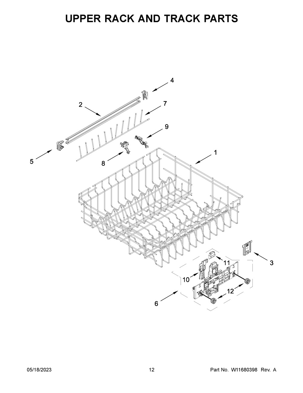 Upper Rack And Track Parts Diagram and Parts List for WDTA50SAKB2  Whirlpool Dishwasher