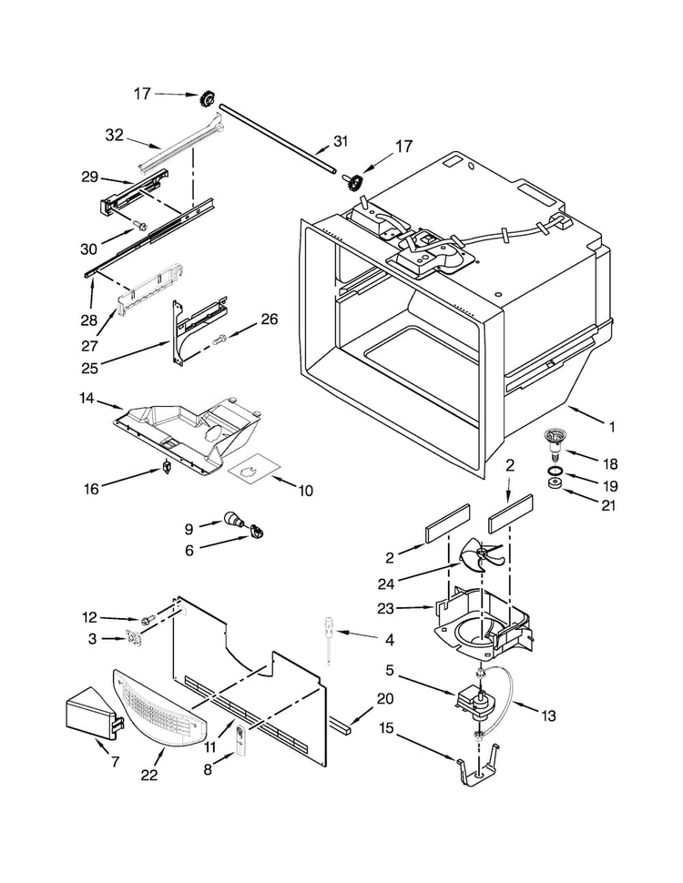 Freezer Liner Parts Diagram and Parts List for KBFS25ECWH00  KitchenAid Refrigerator