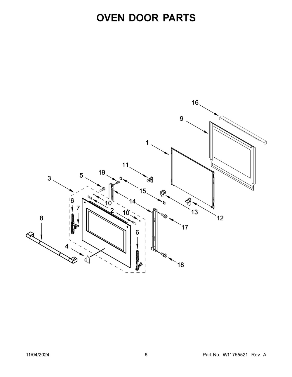 04 - Oven Door Parts Diagram and Parts List for JMW3430LL04  Whirlpool Microwave Oven Combo
