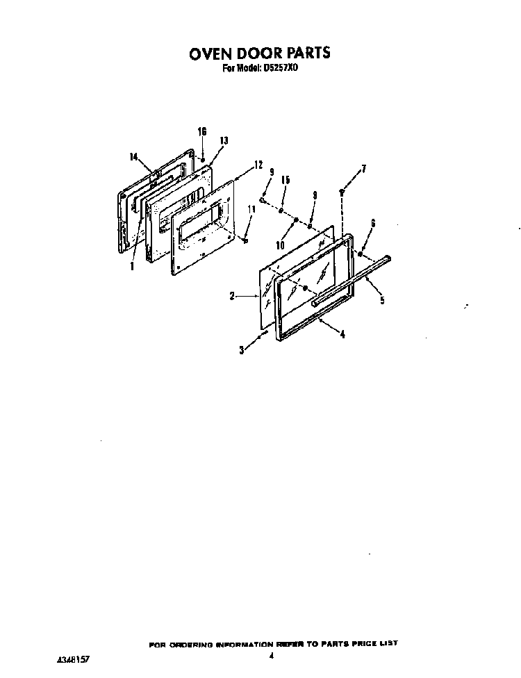 Oven Door Diagram and Parts List for D5257X0  Roper Range