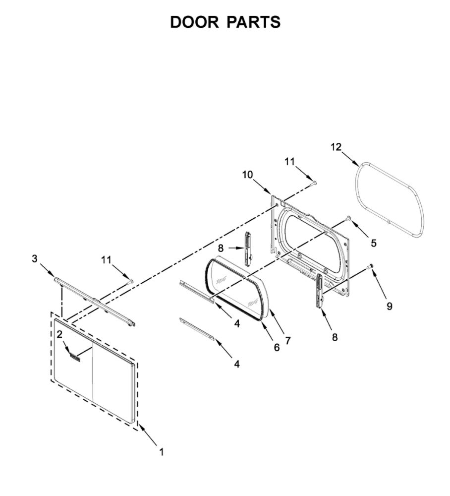 Door Parts Diagram and Parts List for YWED5100HW0  Whirlpool Dryer