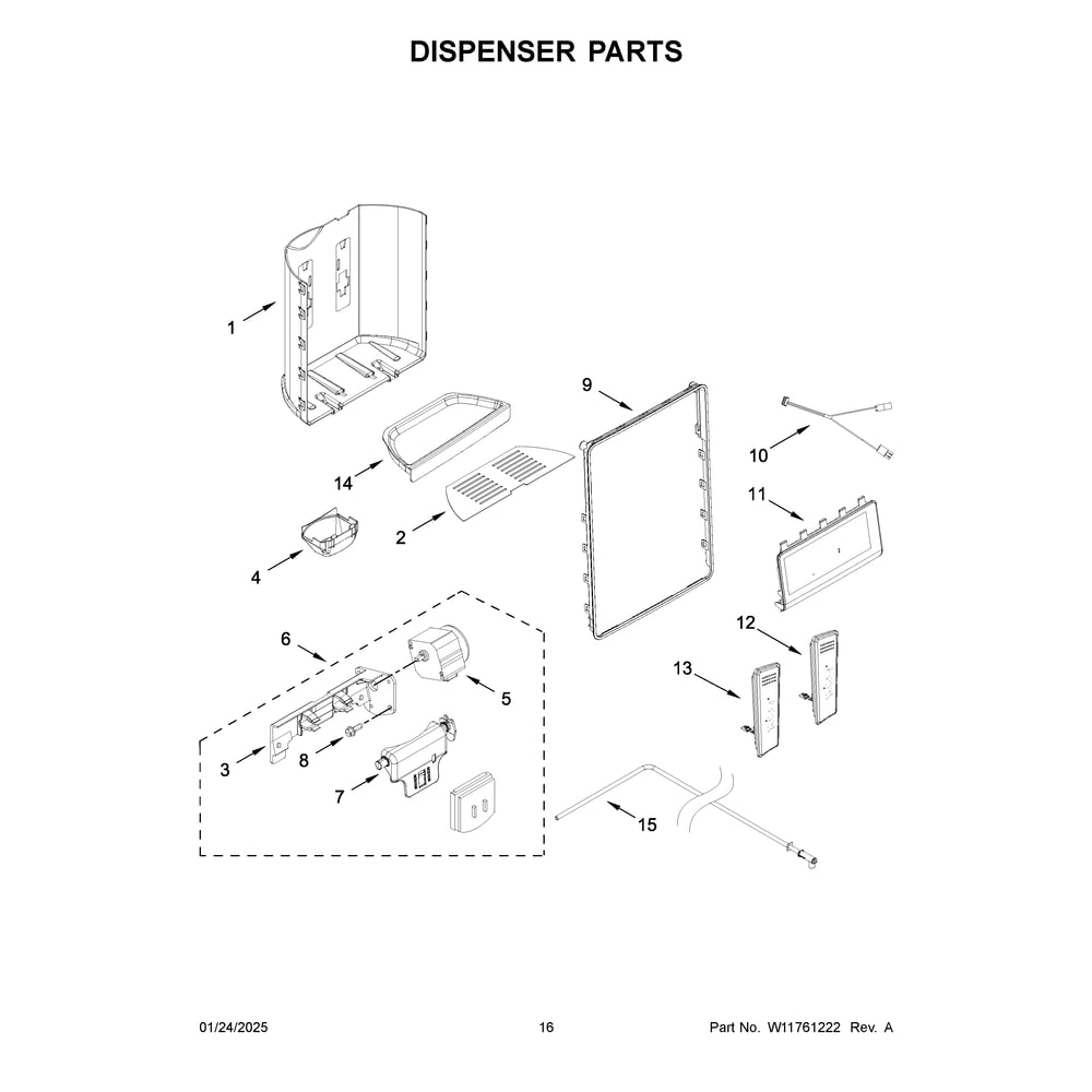 Dispenser Parts Diagram and Parts List for WRSF5536RV00  Whirlpool Refrigerator