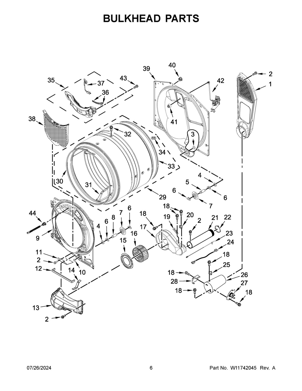 04 - Bulkhead Parts Diagram and Parts List for MGD7020RF0  Whirlpool Dryer