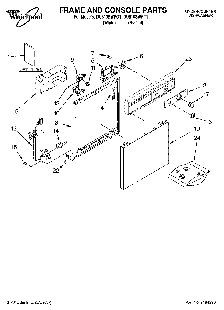FRAME AND CONSOLE PARTS Diagram and Parts List for DU810SWPQ1  Whirlpool Dishwasher