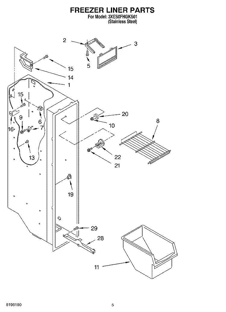 FREEZER LINER Diagram and Parts List for 3XES0FHGKS01  Whirlpool Refrigerator