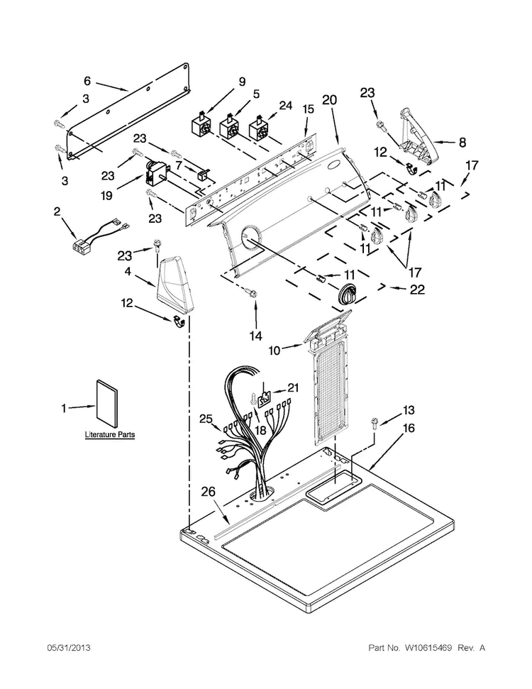 Top And Console Parts Diagram and Parts List for 7EWED1705YM1  Whirlpool Dryer
