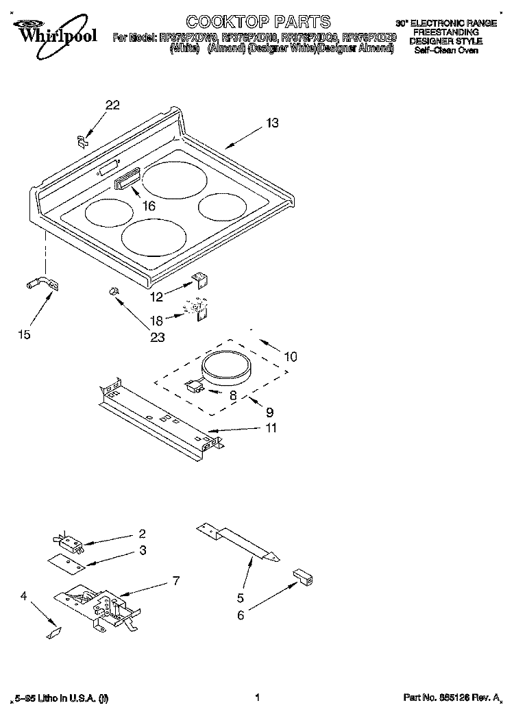 COOKTOP Diagram and Parts List for RF376PXDW0  Whirlpool Range