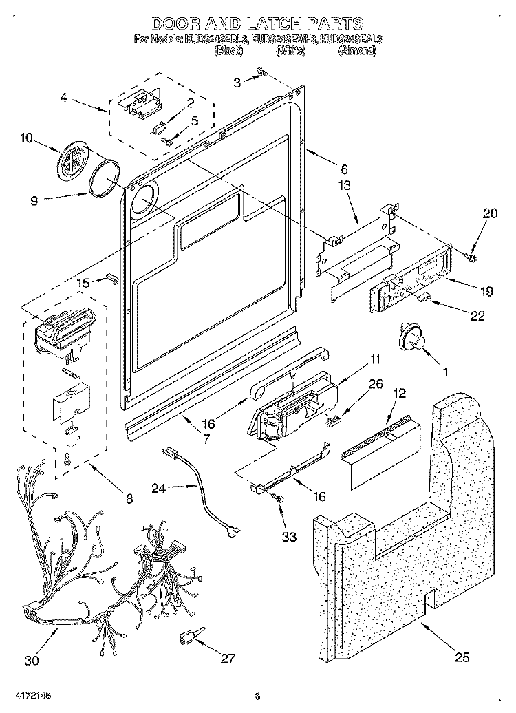 DOOR AND LATCH Diagram and Parts List for KUDS24SEBL3  KitchenAid Dishwasher