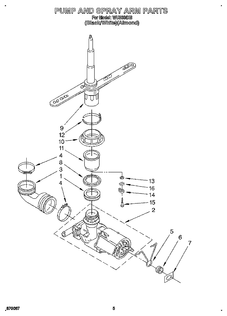 PUMP AND SPRAY ARM Diagram and Parts List for WU3006X6  Roper Dishwasher