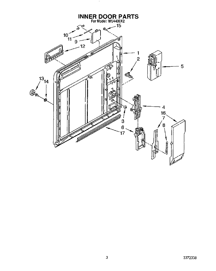 INNER DOOR Diagram and Parts List for WU4400X2  Roper Dishwasher