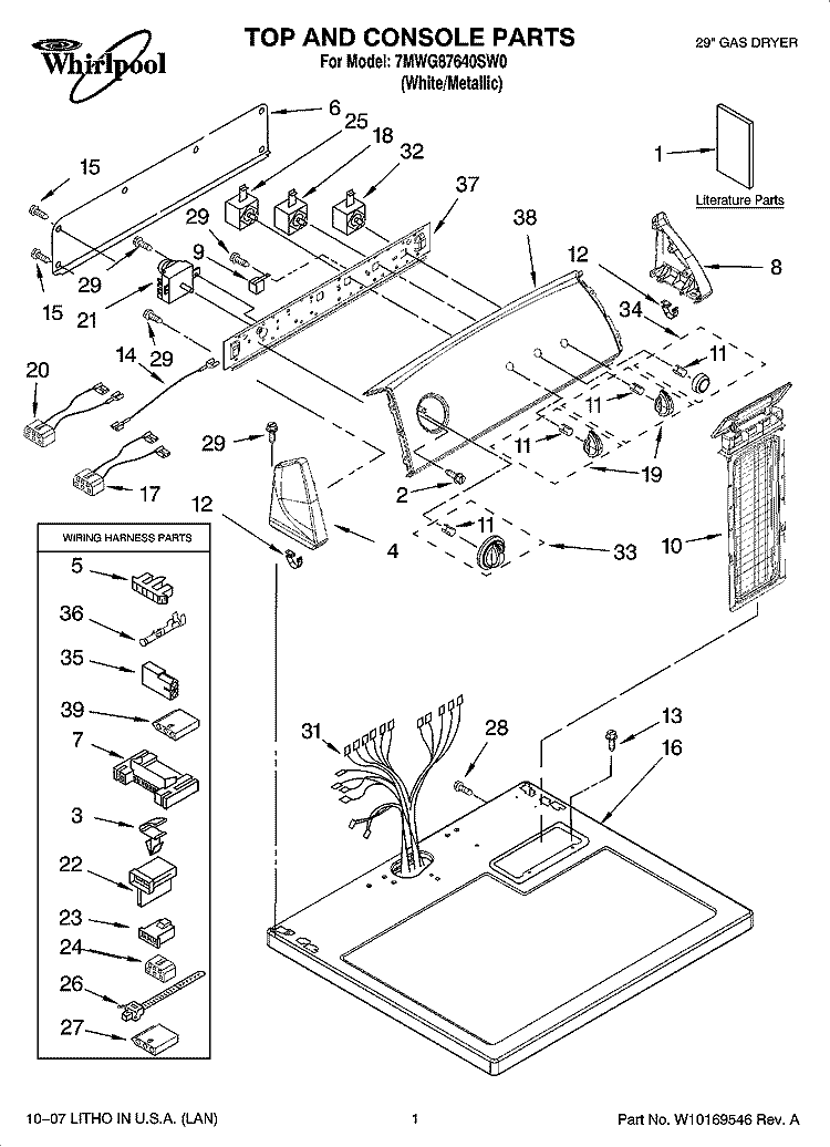 TOP AND CONSOLE PARTS Diagram and Parts List for 7MWG87640SW0  Whirlpool Dryer