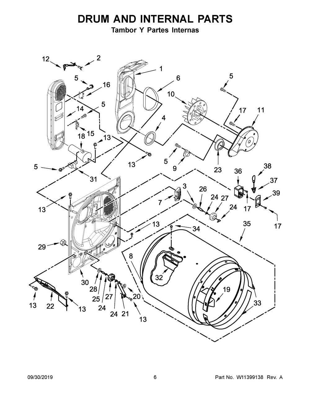 Drum And Internal Parts Diagram and Parts List for 7MWGD2140JB0  Whirlpool Dryer