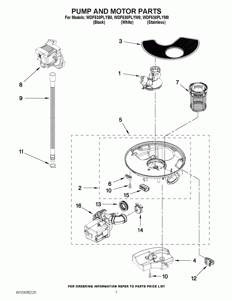 PUMP AND MOTOR PARTS Diagram and Parts List for WDF530PLYB0  Whirlpool Dishwasher