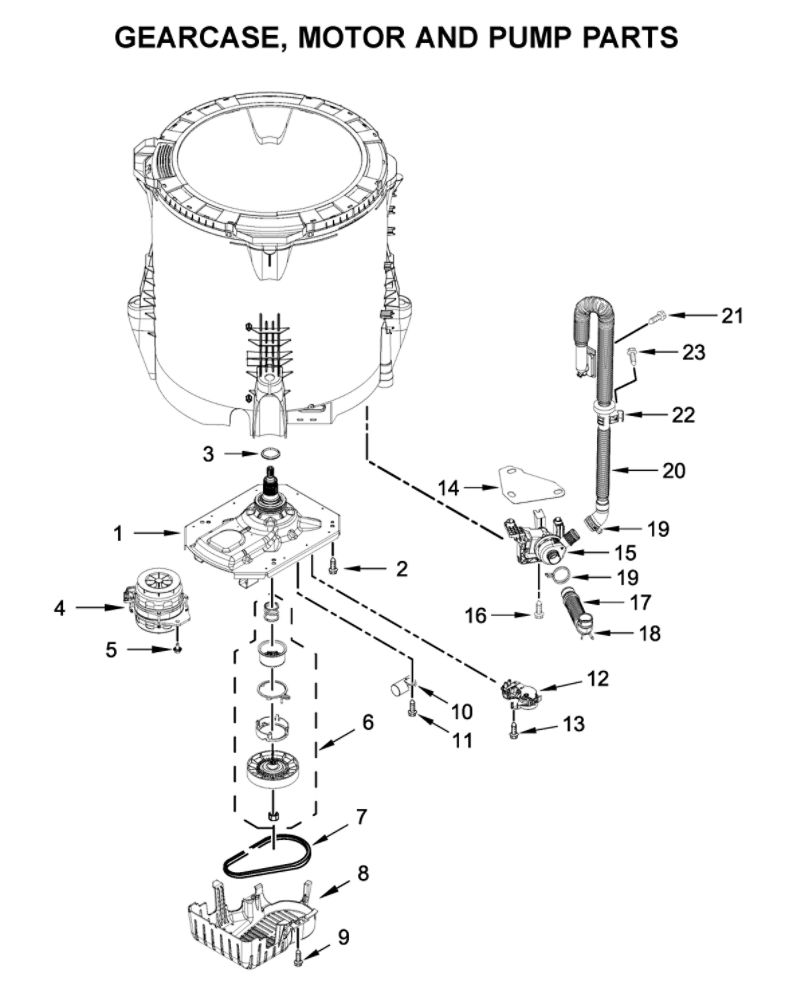 Gearcase, Motor And Pump Parts Diagram and Parts List for 11021112020  Kenmore Washer