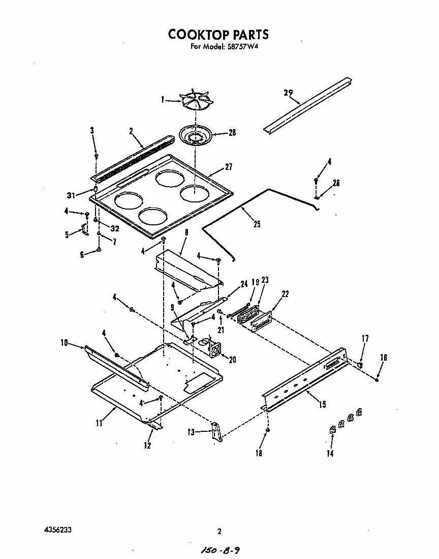 Cooktop Diagram and Parts List for S8757*4  Roper Range