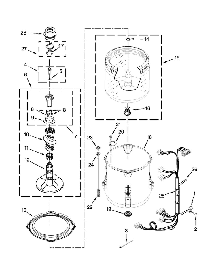 Basket And Tub Parts Diagram and Parts List for 11023102310  Kenmore Washer