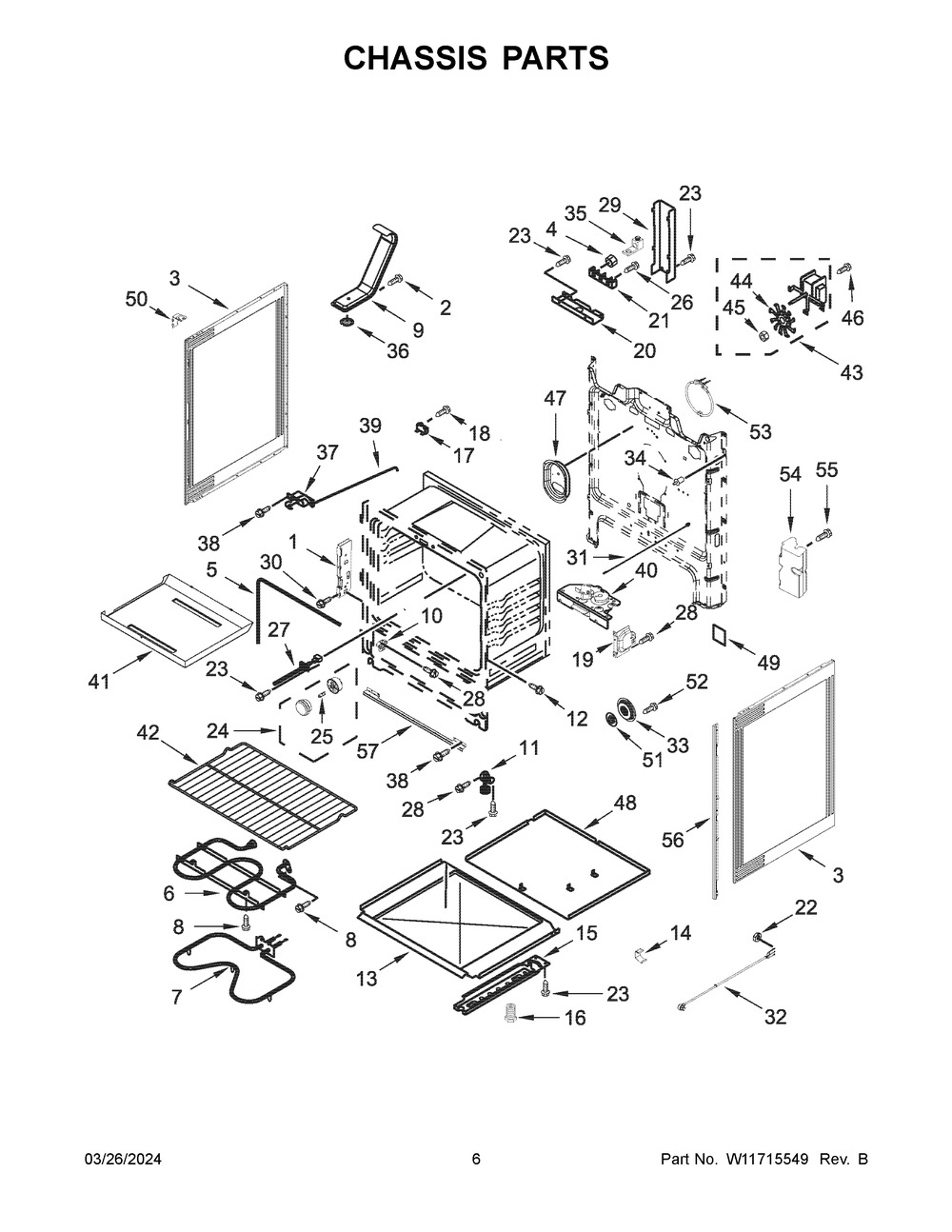 Chassis Parts Diagram and Parts List for YWFE521S0HS5  Whirlpool Range