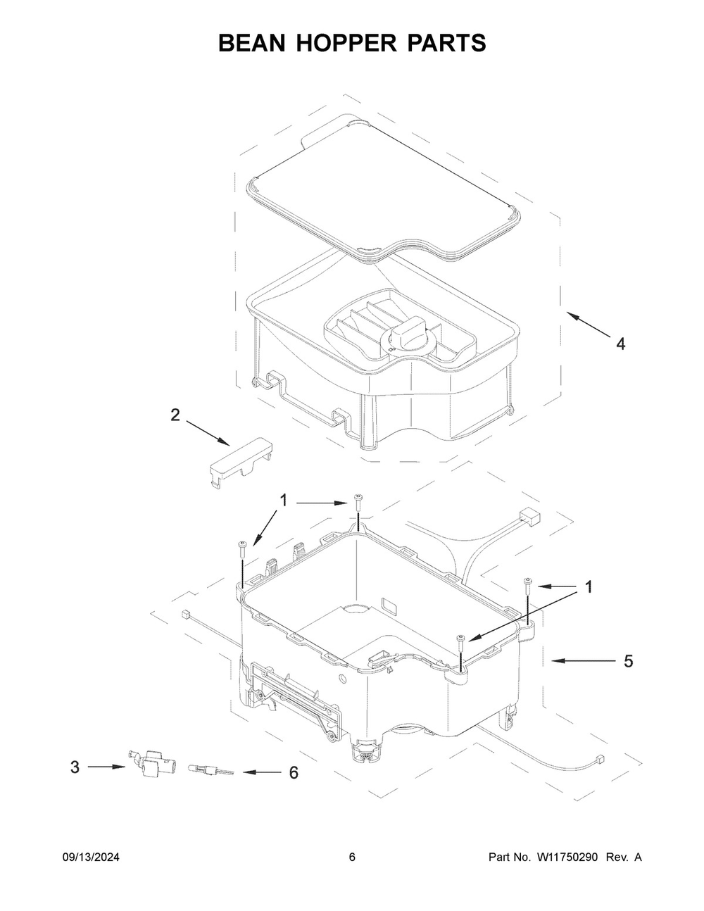 04 - Bean Hopper Parts Diagram and Parts List for 5KES8557EJP0  Whirlpool Coffee Maker