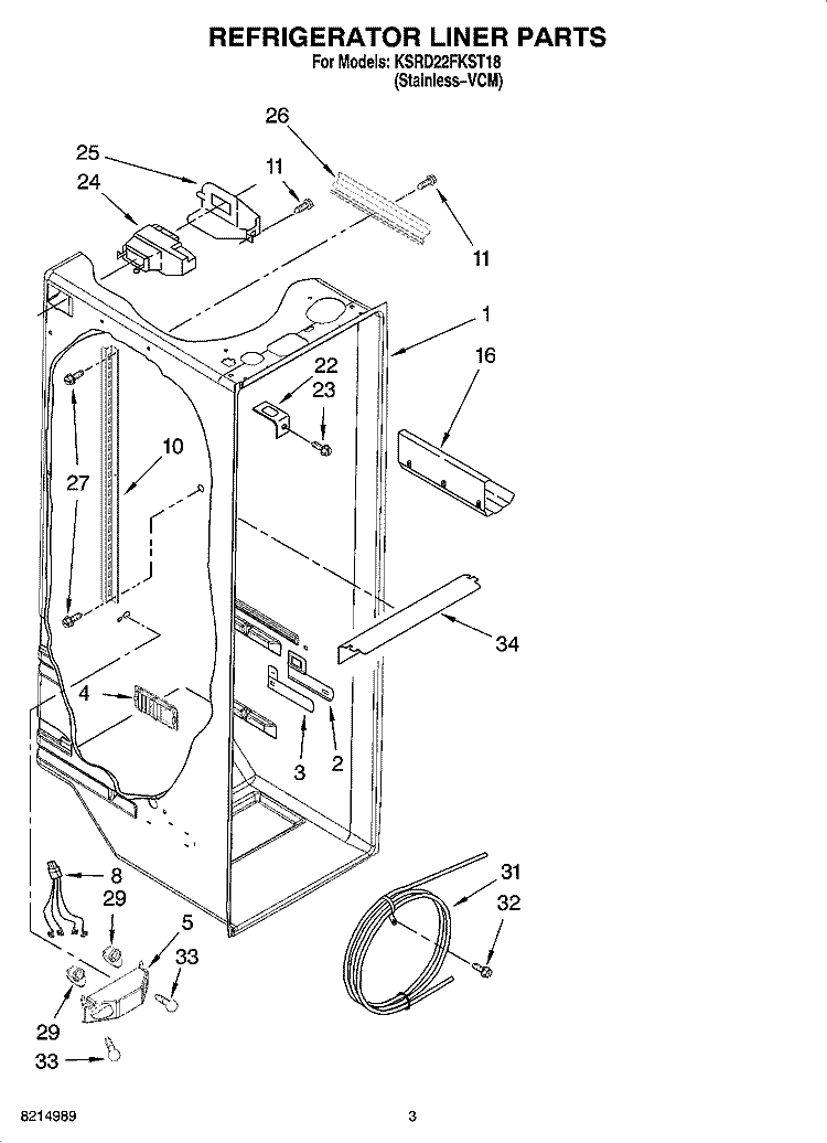 REFRIGERATOR LINER PARTS Diagram and Parts List for KSRD22FKST18  KitchenAid Refrigerator
