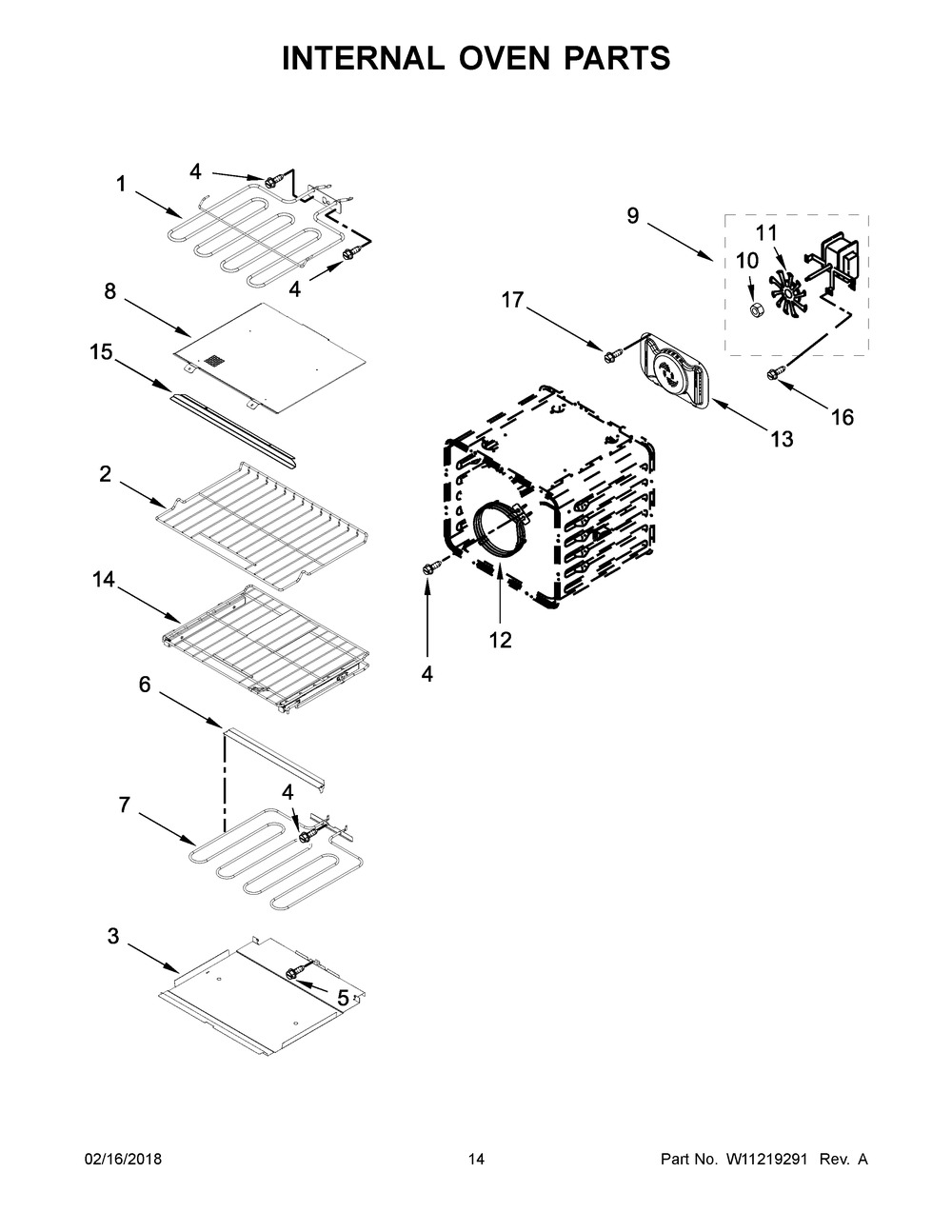 Internal Oven Parts Diagram and Parts List for KOCE507EBS03  Whirlpool Microwave Oven Combo
