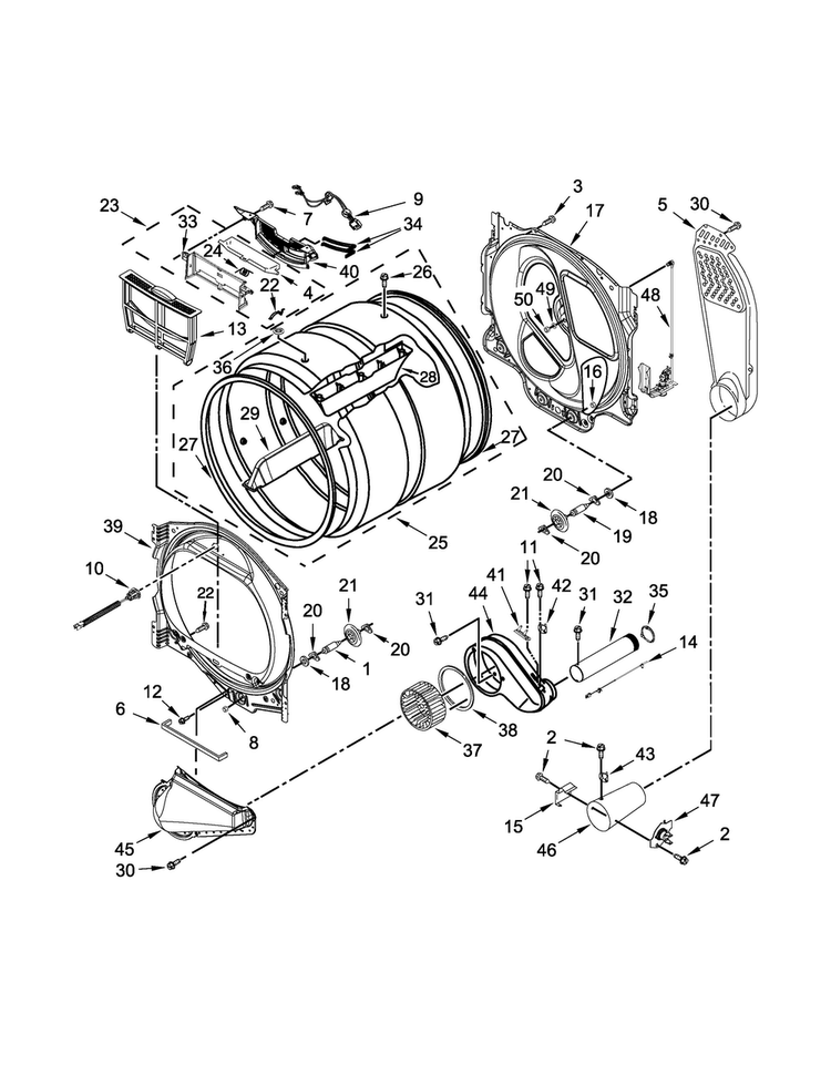 Bulkhead Parts Diagram and Parts List for 7MWGD8500EC1  Whirlpool Dryer