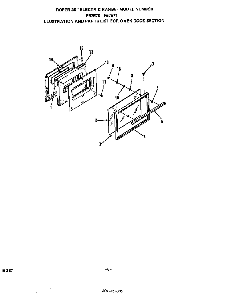 Oven Door Diagram and Parts List for F5757*0  Roper Range