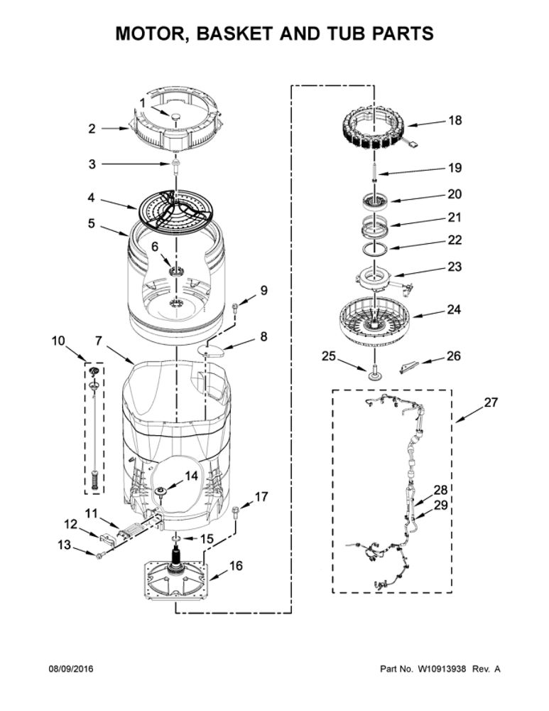 Motor, Basket And Tub Parts Diagram and Parts List for 11031632611  Kenmore Washer