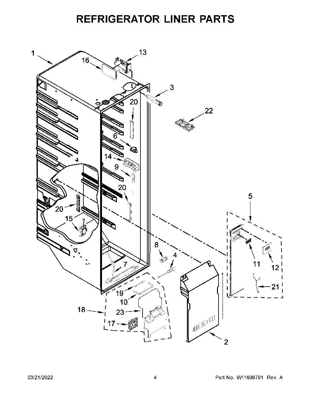 Refrigerator Liner Parts Diagram and Parts List for KRSF705HBS04  KitchenAid Refrigerator
