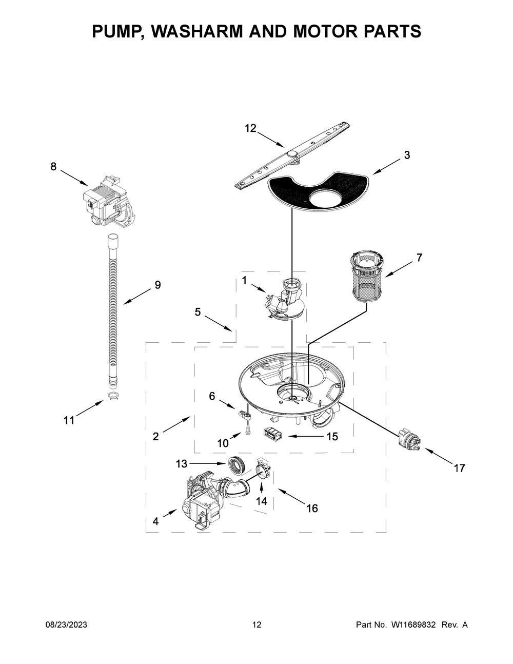 Pump, Washarm And Motor Parts Diagram and Parts List for WDF332PAMB0  Whirlpool Dishwasher