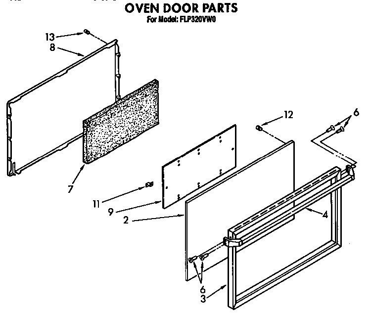 Oven Door Diagram and Parts List for FGP320VN0  Roper Range