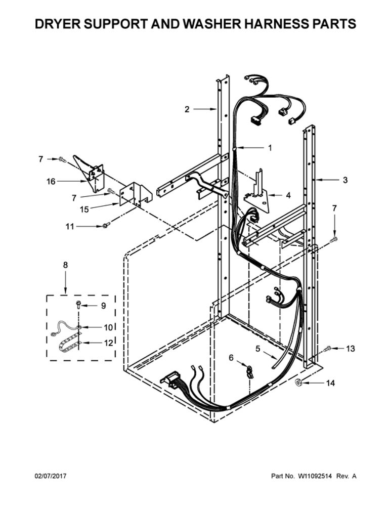 Dryer Support And Washer Harness Parts Diagram and Parts List for WGTLV27FW0  Whirlpool Washer Dryer Combo