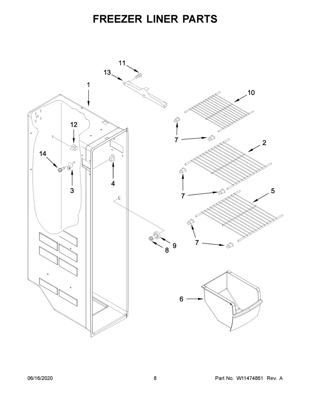 Freezer Liner Parts Diagram and Parts List for WRS335SDHW03  Whirlpool Refrigerator