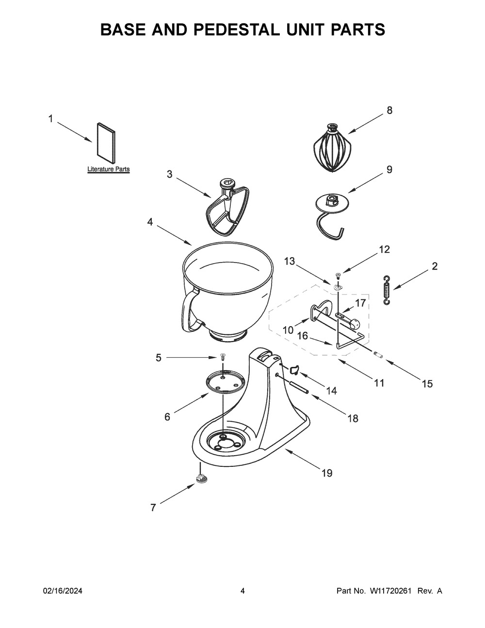 Base And Pedestal Unit Parts Diagram and Parts List for 5KSM192XDABK5  KitchenAid Mixer