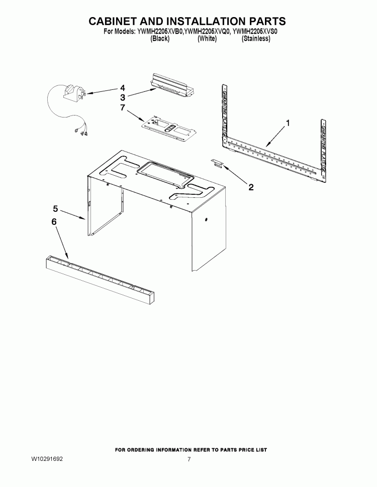 CABINET AND INSTALLATION PARTS Diagram and Parts List for YWMH2205XVB0  Whirlpool Microwave