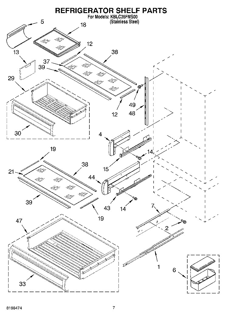 REFRIGERATOR SHELF PARTS Diagram and Parts List for KBLC36FMS00  KitchenAid Refrigerator