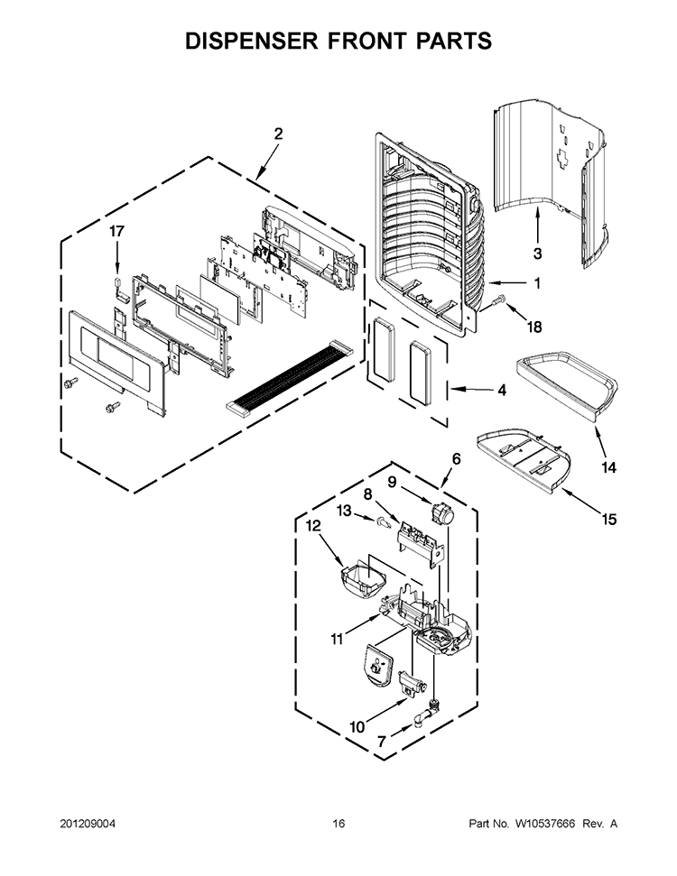 DISPENSER FRONT PARTS Diagram and Parts List for GI6SARXXF06  Whirlpool Refrigerator