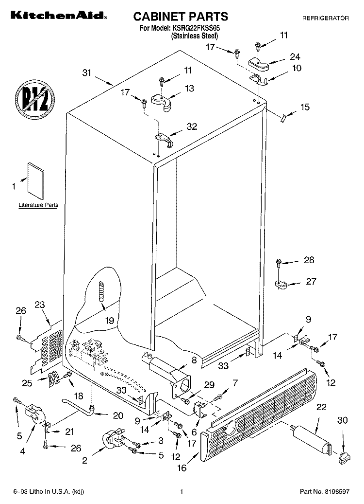 CABINET PARTS Diagram and Parts List for KSRG22FKSS05  KitchenAid Refrigerator