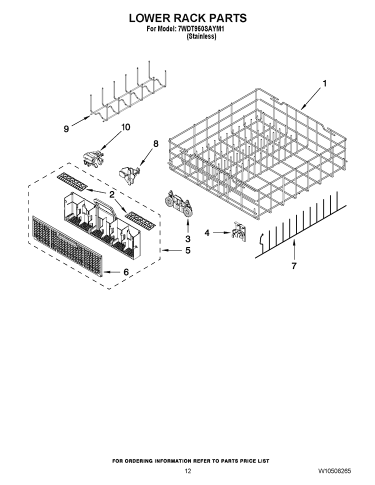 LOWER RACK PARTS Diagram and Parts List for 7WDT950SAYM1  Whirlpool Dishwasher