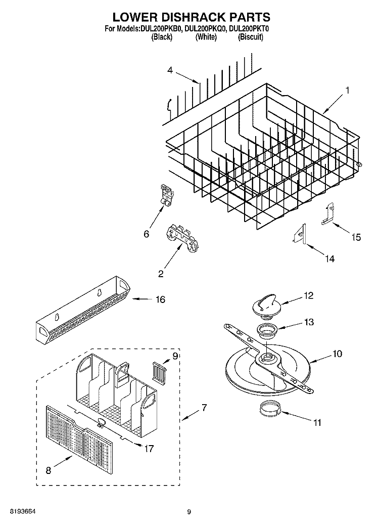 LOWER DISHRACK Diagram and Parts List for DUL200PKB0  Whirlpool Dishwasher