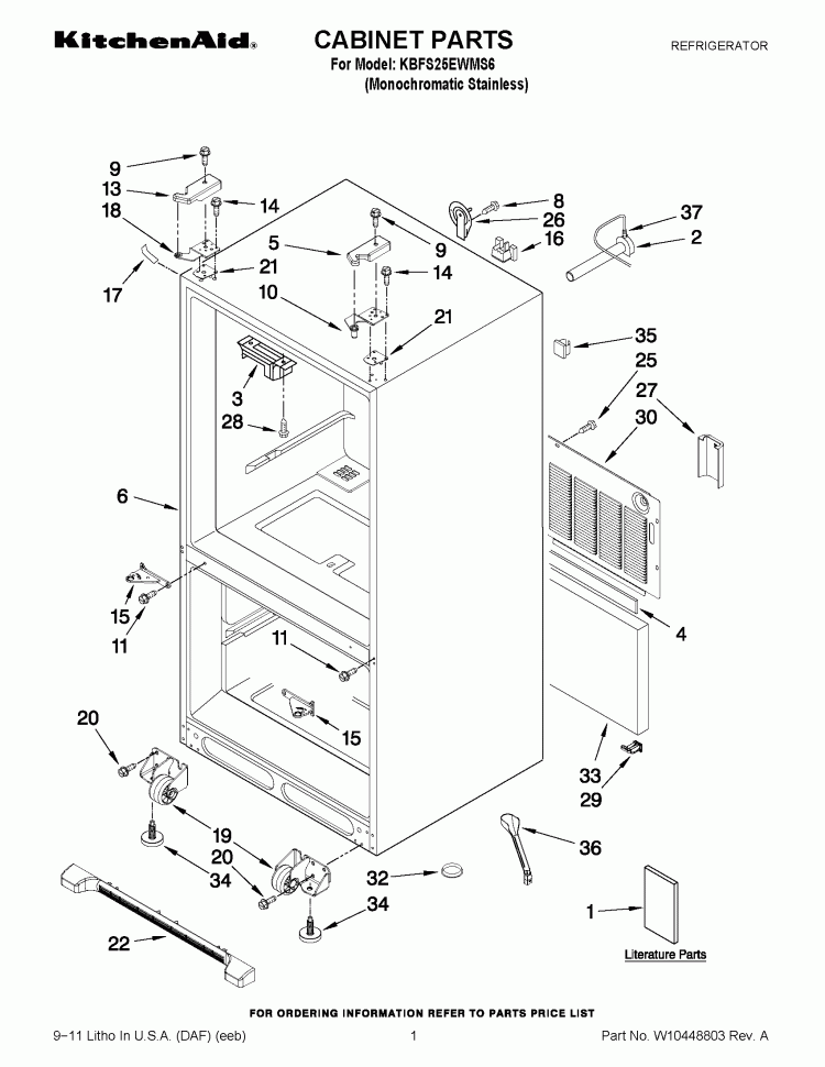 CABINET PARTS Diagram and Parts List for KBFS25EWMS6  KitchenAid Refrigerator